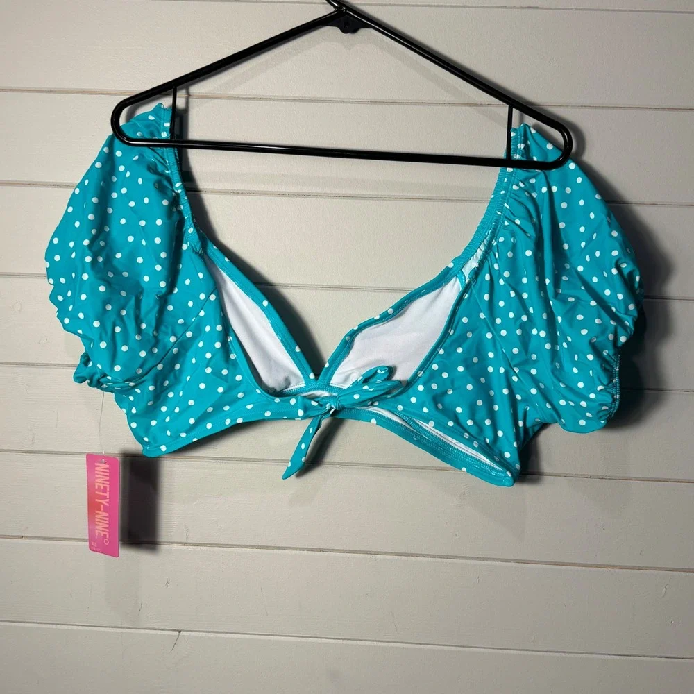 Ninety-Nine Teal Polka Dot Puff Sleeve Bikini Swim Top XL New! Boho Trendy‎